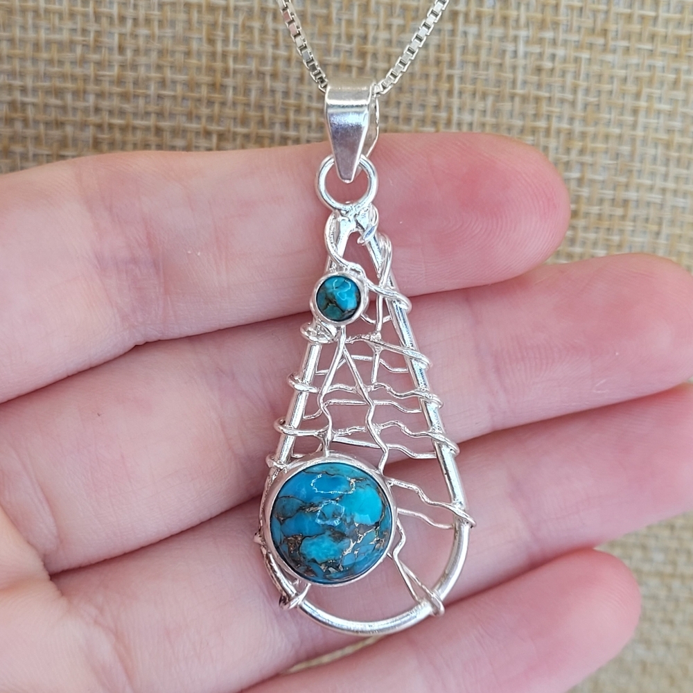 925 Sterling Silver Teardrop Spiderweb Dreamcatcher Turquoise Pendant Necklace